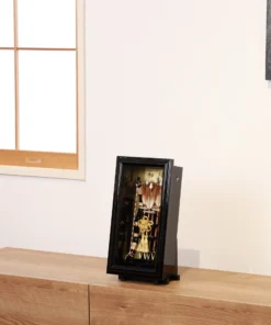 Traditional Japanese Hamaya arrow display with golden accents in black case, for cultural decor and protective gift sets. Wholesale by Fujiki Crafts.