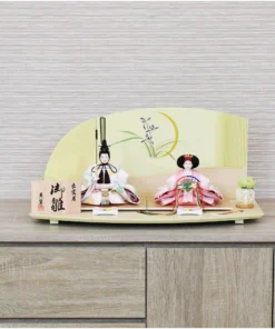 Compact modern Hina doll set with iris screen. Wholesale by Fujiki crafts.