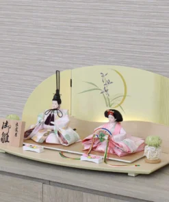 Compact modern Hina doll set with iris screen. Wholesale by Fujiki crafts.