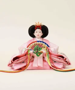 Empress Hina doll in pink layered silk kimono with fan. Wholesale by Fujiki crafts.