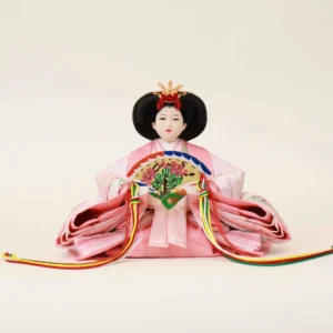 Empress Hina doll in pink layered silk kimono with fan. Wholesale by Fujiki crafts.