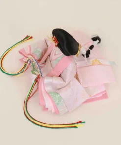 Empress Hina doll in pink layered silk kimono with fan. Wholesale by Fujiki crafts.