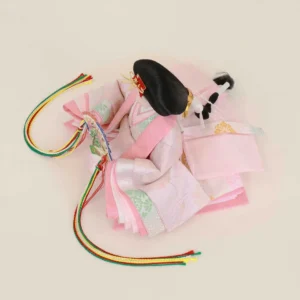 Empress Hina doll in pink layered silk kimono with fan. Wholesale by Fujiki crafts.