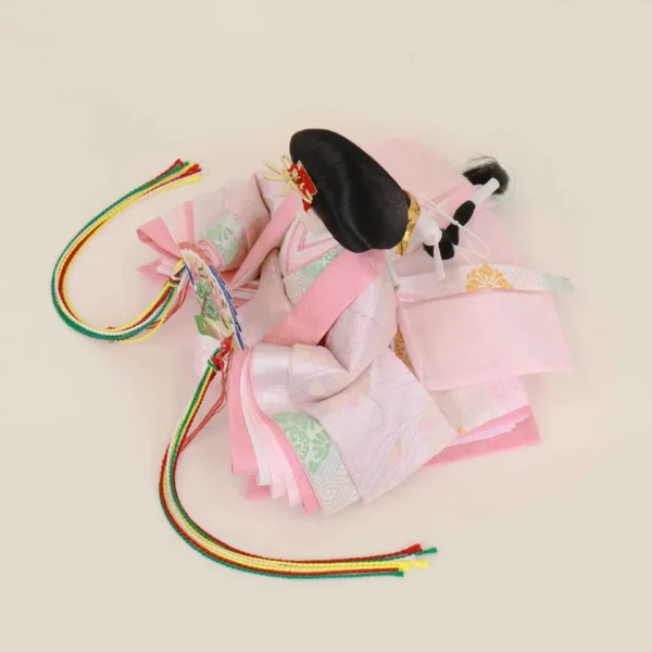 Empress Hina doll in pink layered silk kimono with fan. Wholesale by Fujiki crafts.
