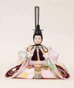 Emperor Hina doll in multicolour silk kimono with fan and sword. Wholesale by Fujiki crafts.