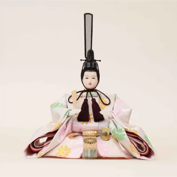 Emperor Hina doll in multicolour silk kimono with fan and sword. Wholesale by Fujiki crafts.