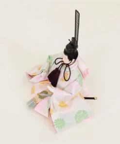 Emperor Hina doll in multicolour silk kimono with fan and sword. Wholesale by Fujiki crafts.