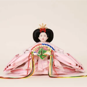 Empress Hina doll in layered pink kimono with floral fan. Wholesale by Fujiki crafts.