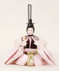 Emperor Hina doll in light pink silk kimono with fan and sword. Wholesale by Fujiki crafts.