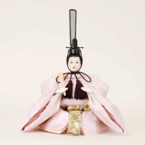 Emperor Hina doll in light pink silk kimono with fan and sword. Wholesale by Fujiki crafts.