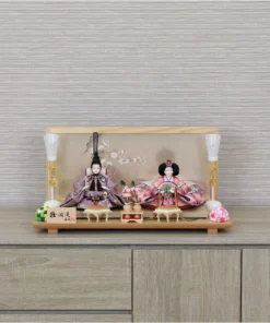Hina doll set with wooden glass backdrop with cherry blossom and seasonal ornaments. Wholesale by Fujiki crafts.