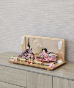 Hina doll set with wooden glass backdrop with cherry blossom and seasonal ornaments. Wholesale by Fujiki crafts.