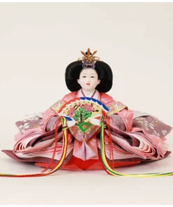 Empress Hina doll with fan and pink layered kimono. Wholesale by Fujiki crafts.