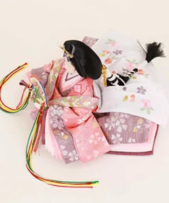 Empress Hina doll with fan and pink layered kimono. Wholesale by Fujiki crafts.