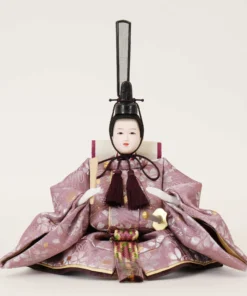 Emperor Hina doll in purple silk kimono with fan and sword. Wholesale by Fujiki crafts.