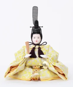 Emperor Hina doll in yellow brocade kimono. Wholesale by Fujiki Crafts.