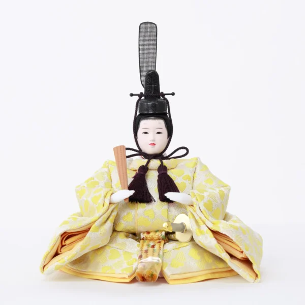 Emperor Hina doll in yellow brocade kimono. Wholesale by Fujiki Crafts.