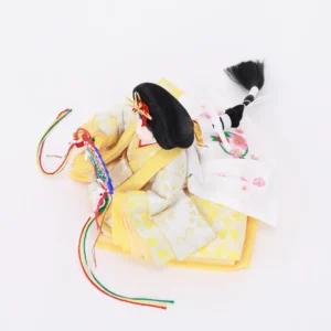 Empress Hina doll in layered yellow kimono with fan. Wholesale by Fujiki Crafts.