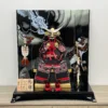 Handcrafted Japanese Samurai armor set in red and black, displayed with dragon and tiger backdrop. Wholesale by Fujiki Crafts