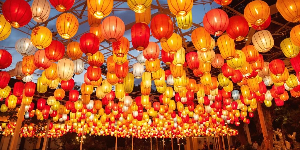 Colorful Japanese lanterns glowing above outdoor event tables