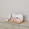 Elegant Hina doll set featuring pastel-striped Emperor and soft pink Empress dolls seated before a gradient peach folding screen, flanked by cylindrical lanterns and floral accents on a wooden display base. Wholesale by Fujiki Crafts.